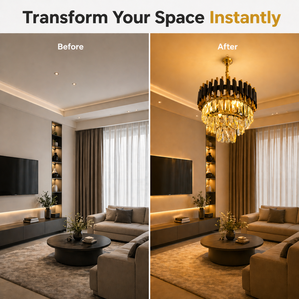 Before and after comparison of a living room with a chandelier added.