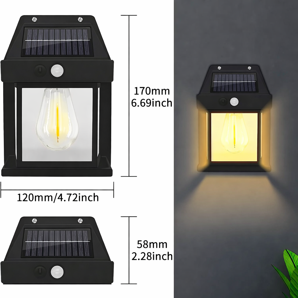 Solar-powered outdoor light with dimensions and installation example on a dark background