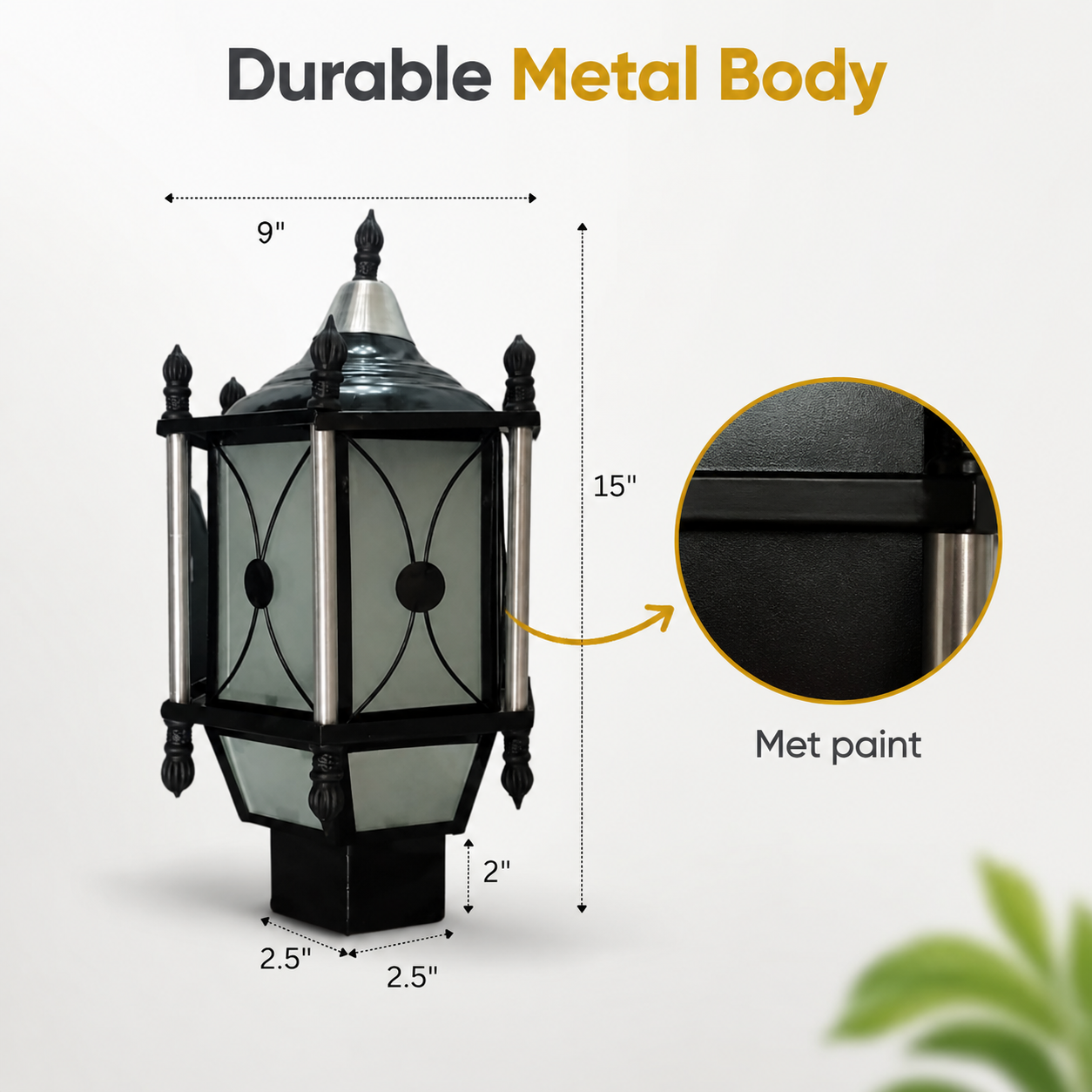 Decorative outdoor lamp with dimensions and durability text on a white background