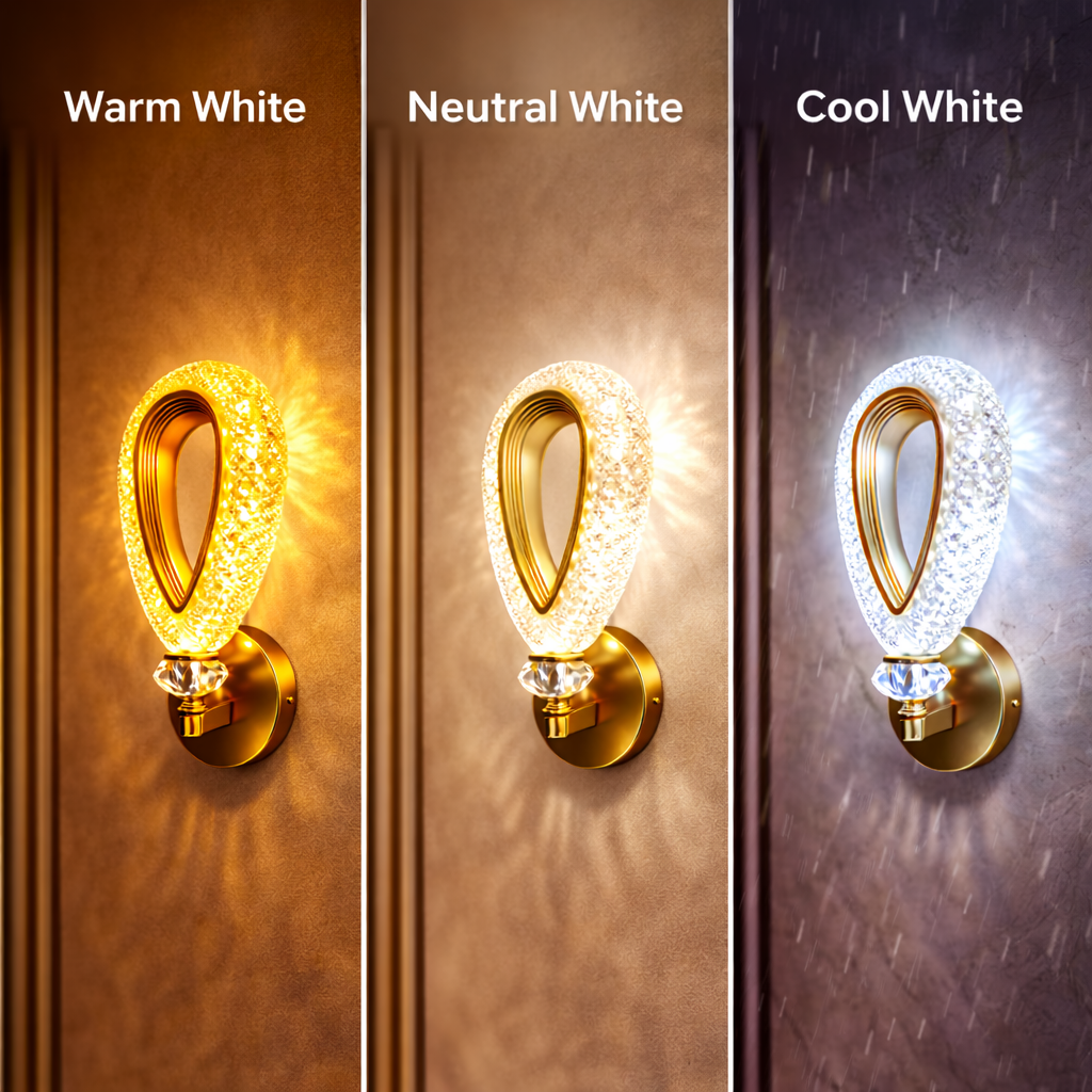 Gold LED wall lamp installed in elegant bedroom interior setting