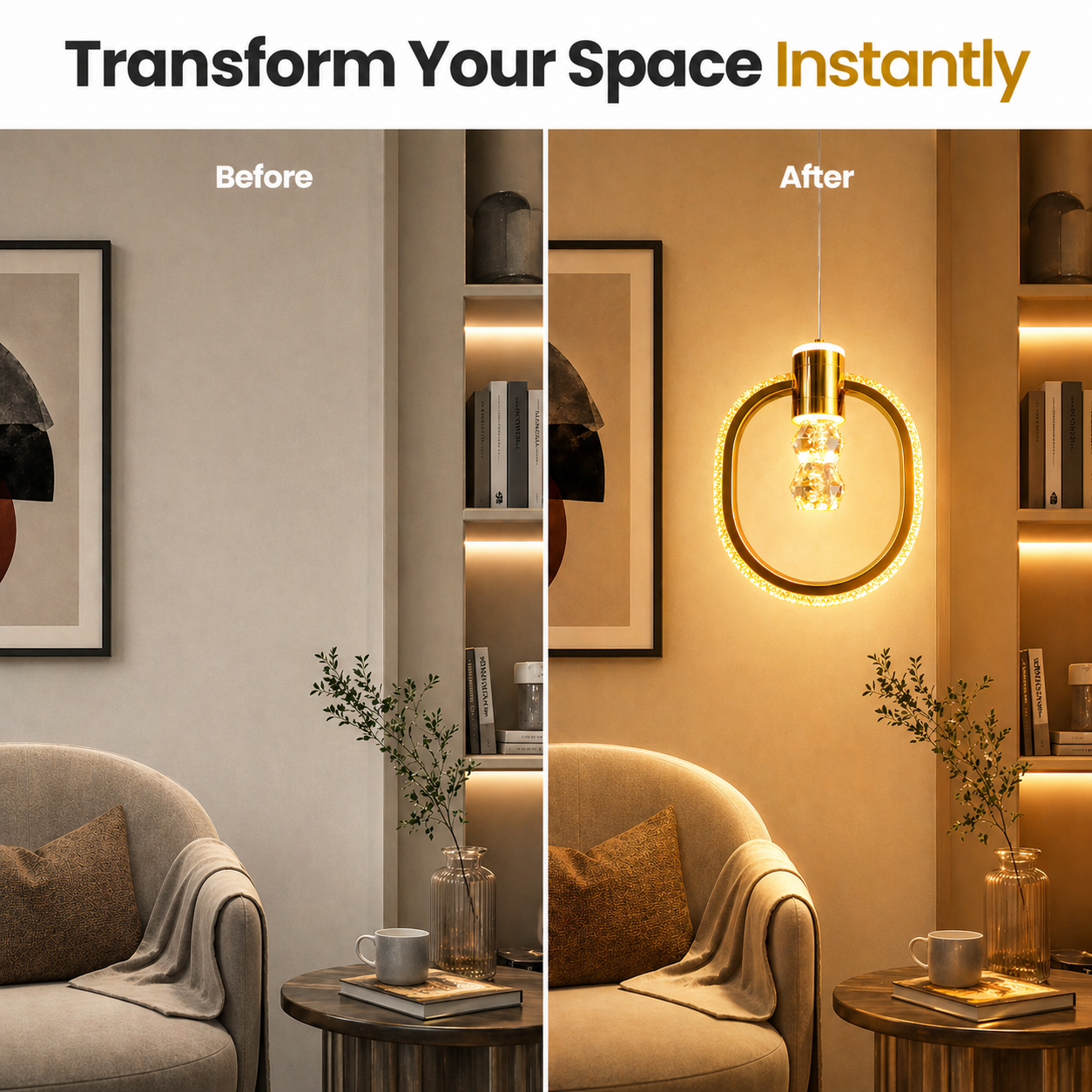 Before and after comparison of a living room with added wall lighting.