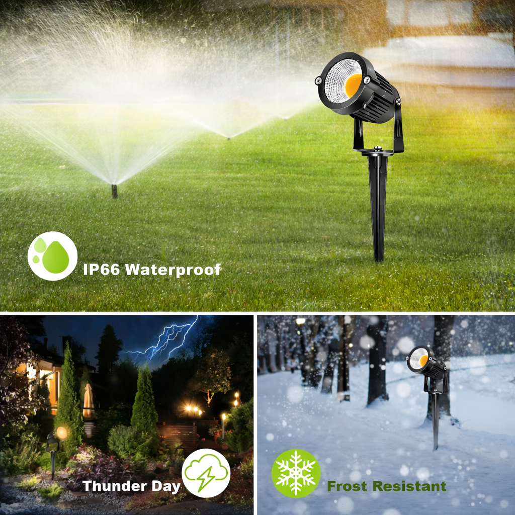 Garden sprinkler and light fixture with IP66 waterproof, thunder day, and frost resistant features.