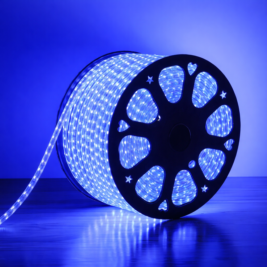 Spool of blue LED strip lights against a blue background