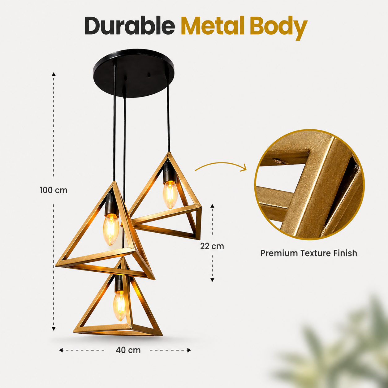 Gold geometric pendant light with dimensions and texture finish details on a white background