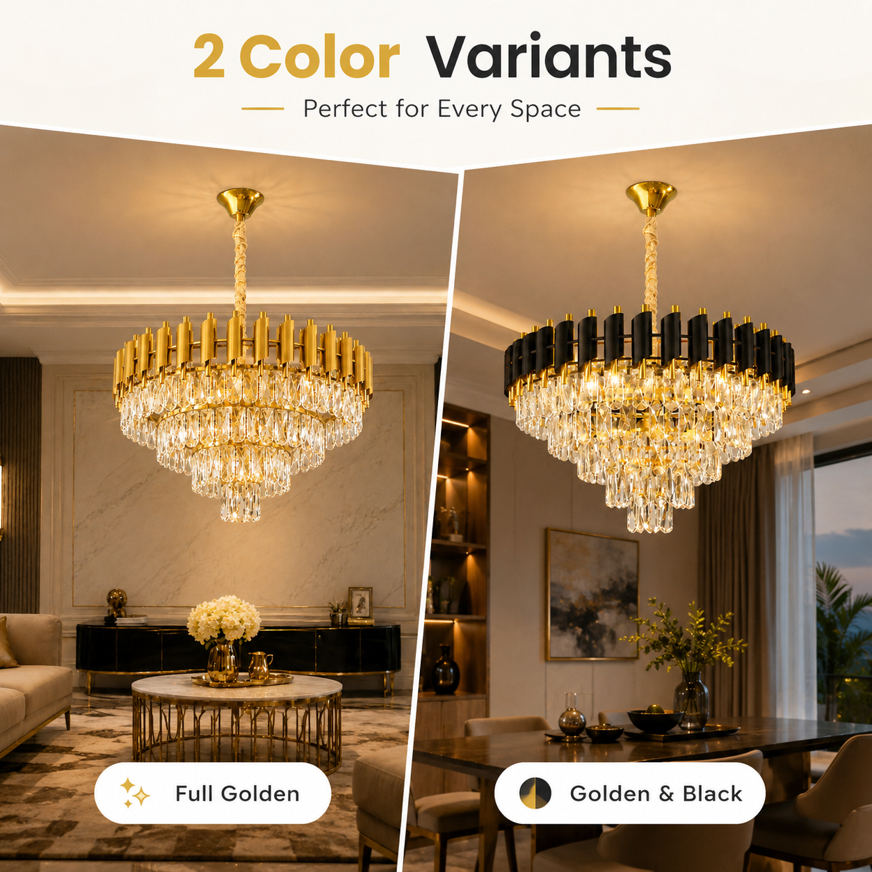 Two chandeliers, one full golden and one golden and black, in a modern living room setting.