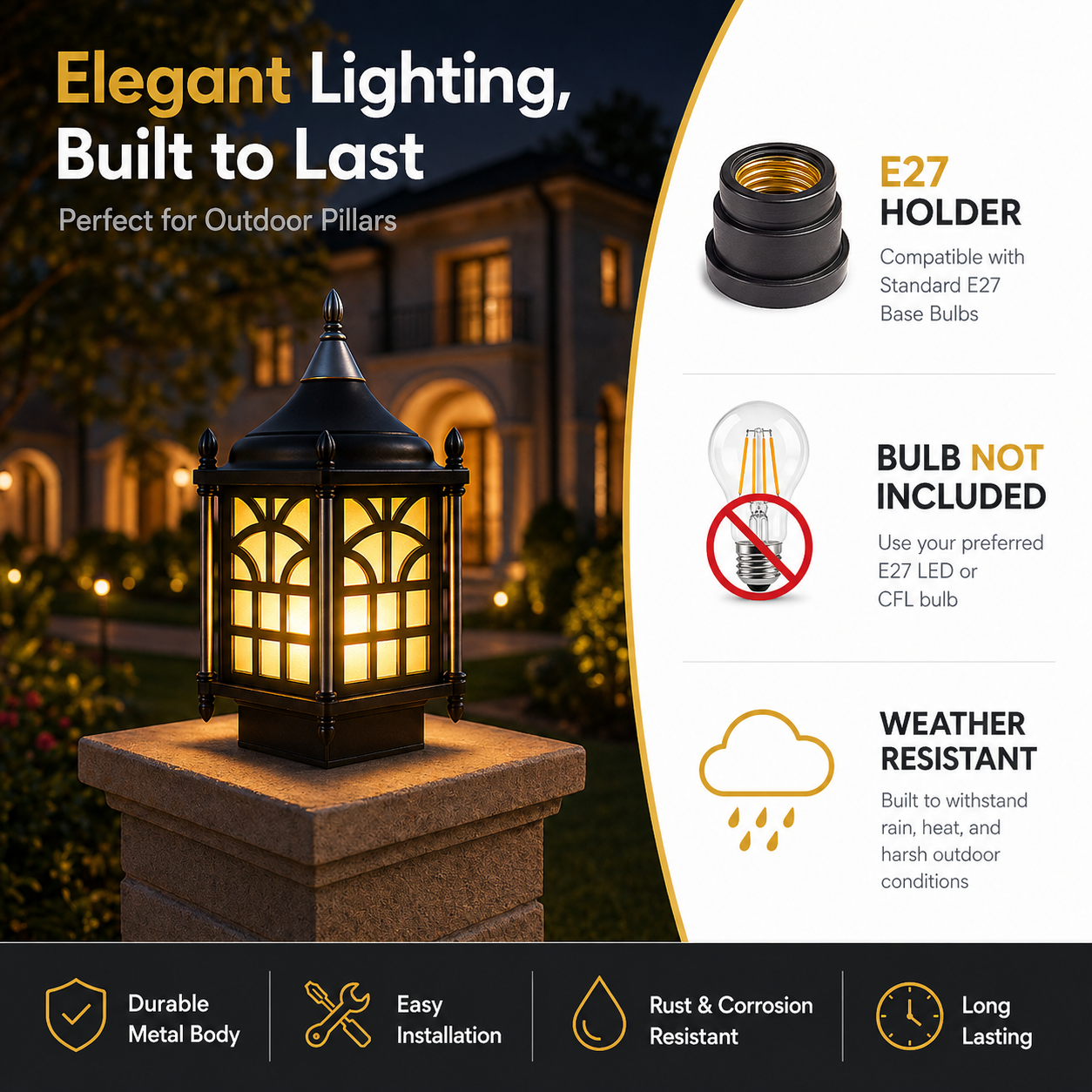 Outdoor lighting fixture on a pillar with product details on the right side.