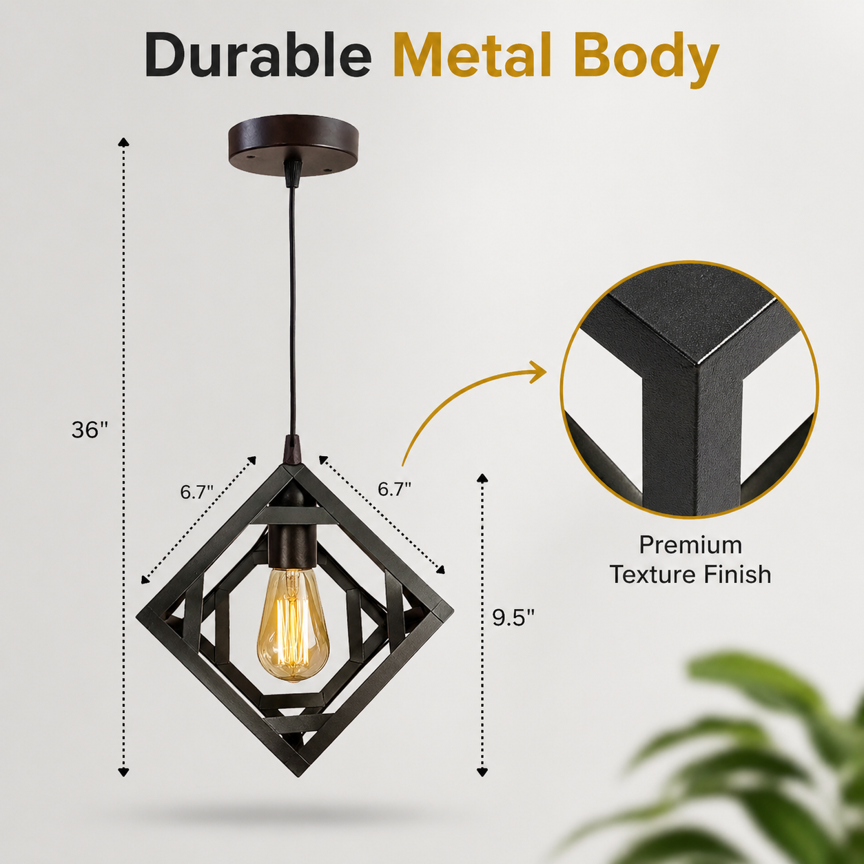 Pendant light with durable metal body features, including dimensions and texture finish details.