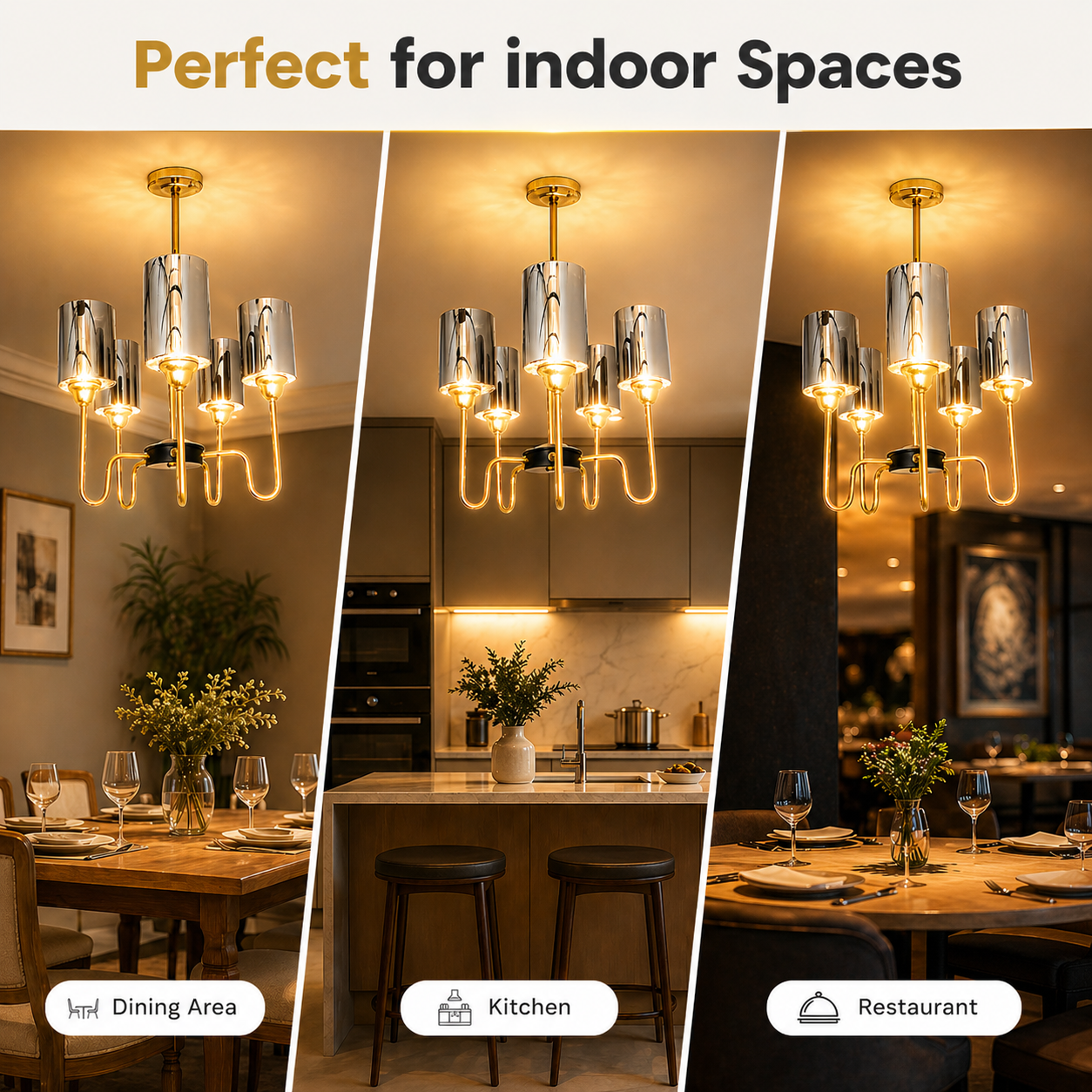 Chandelier in various indoor settings including dining area, kitchen, and restaurant.