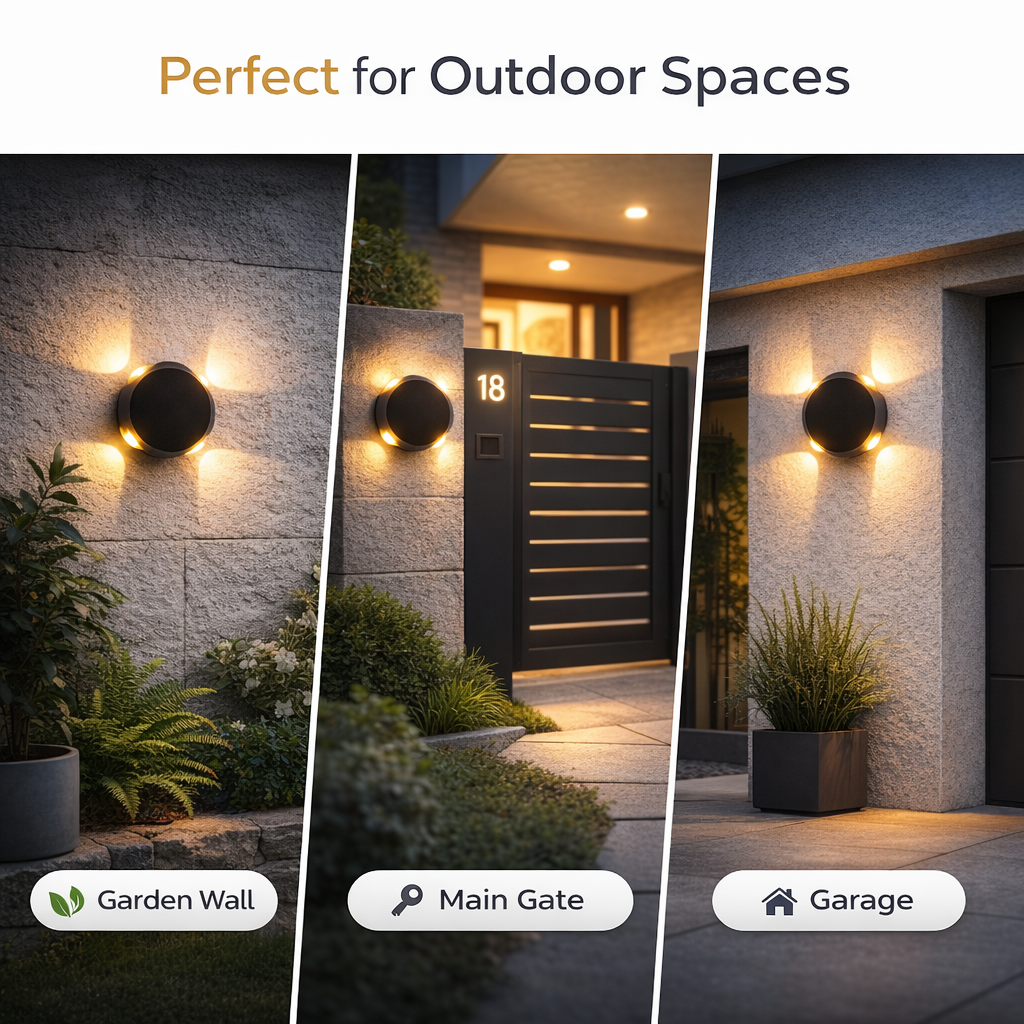 Outdoor wall lights shown in garden, main gate, and garage settings with text 'Perfect for Outdoor Spaces'.