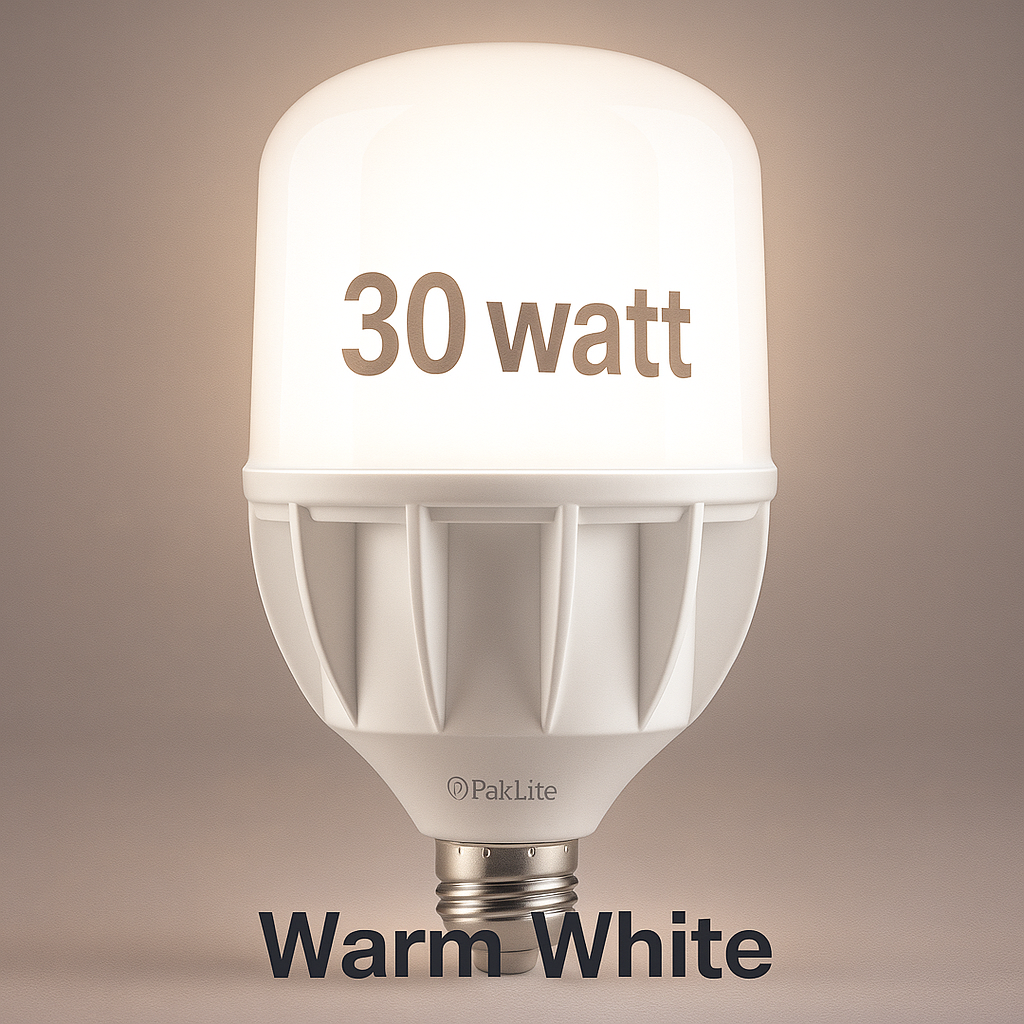 LED light bulb labeled '30 watt' with 'PakLite' branding on a beige background