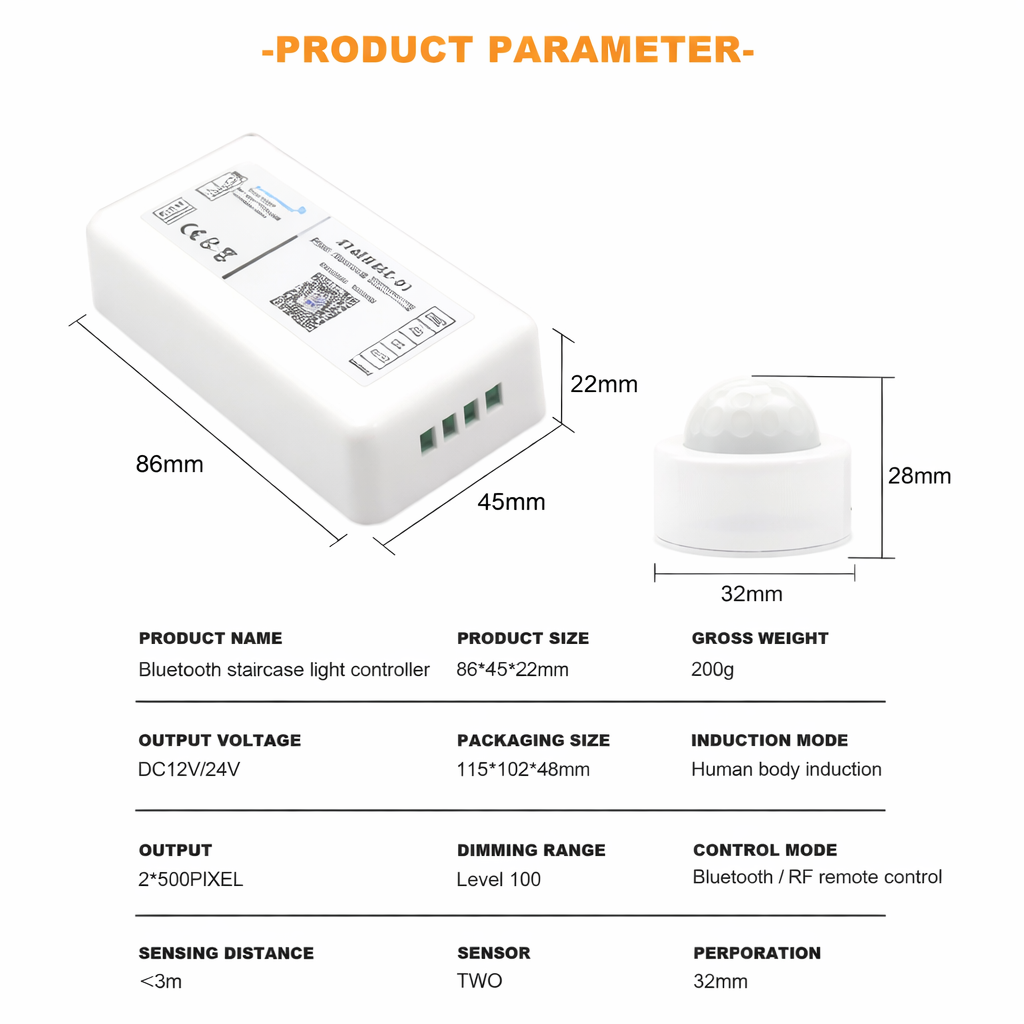 LED controller unit with two motion sensors on marble surface