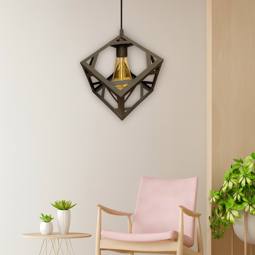 Modern geometric pendant light hanging in cozy minimalist living room