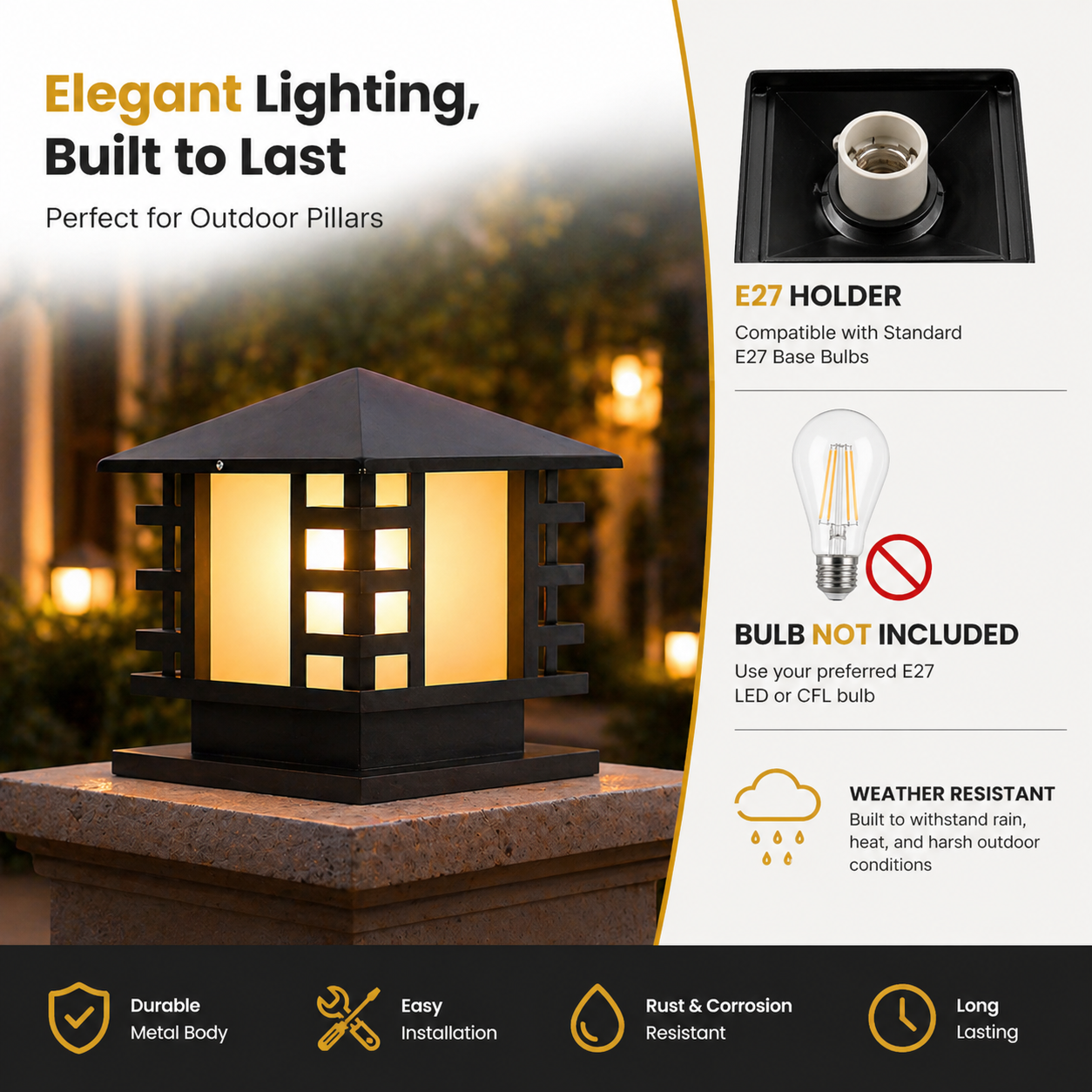 Outdoor lamp post with features highlighted on a blurred outdoor background
