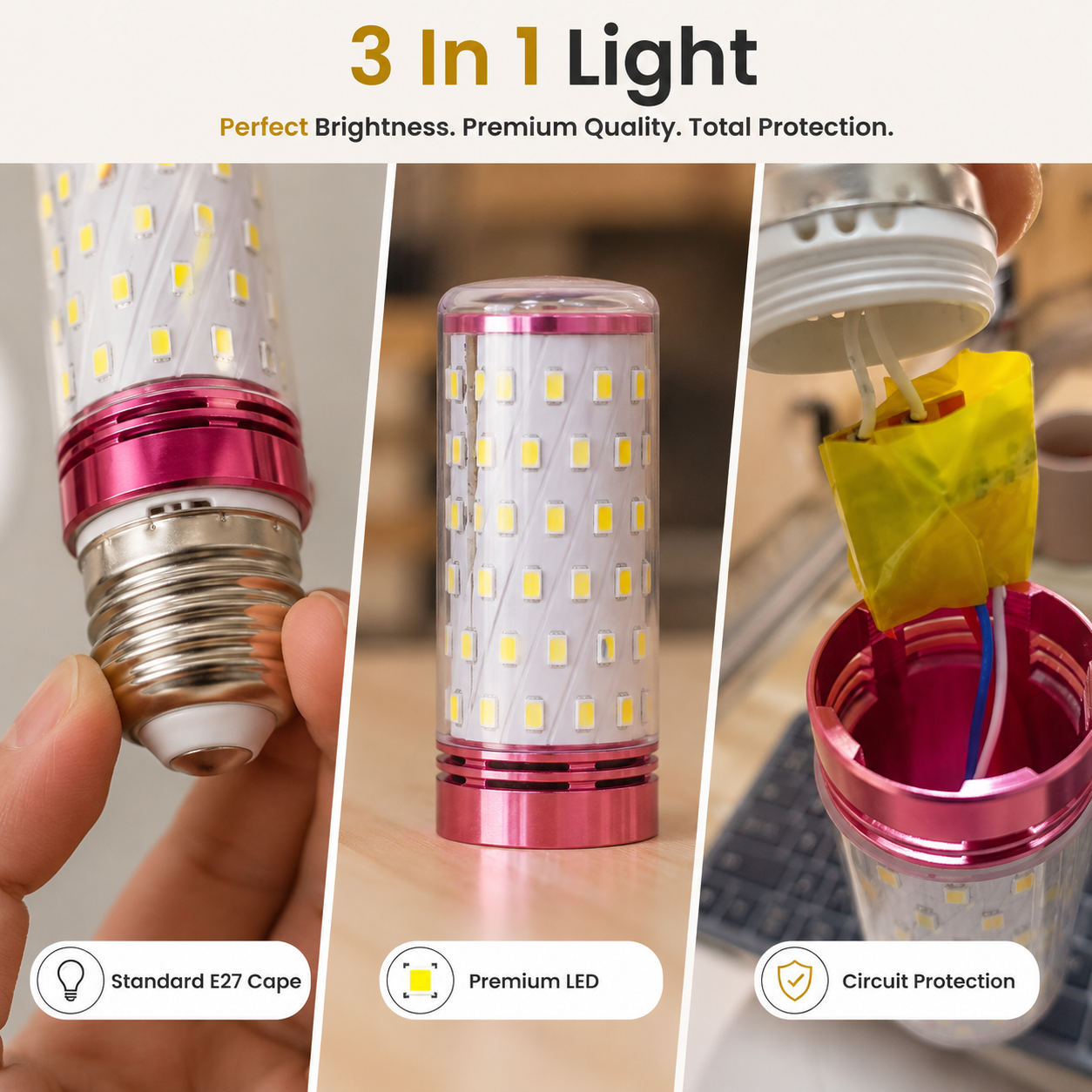 3-in-1 light bulb with different features highlighted on a white background