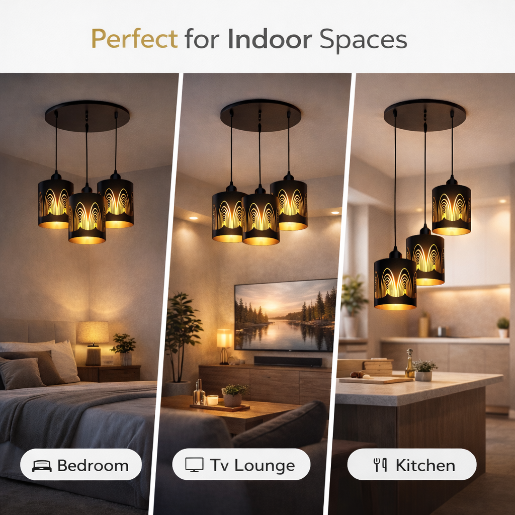Three scenes showing pendant lights in a bedroom, TV lounge, and kitchen.