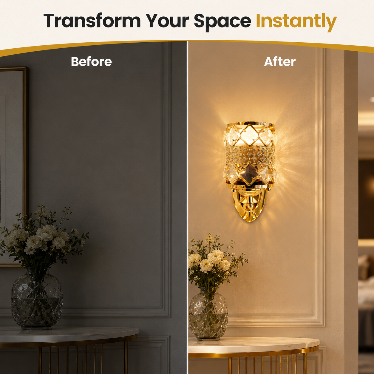 Before and after comparison of a wall sconce installation in a room.