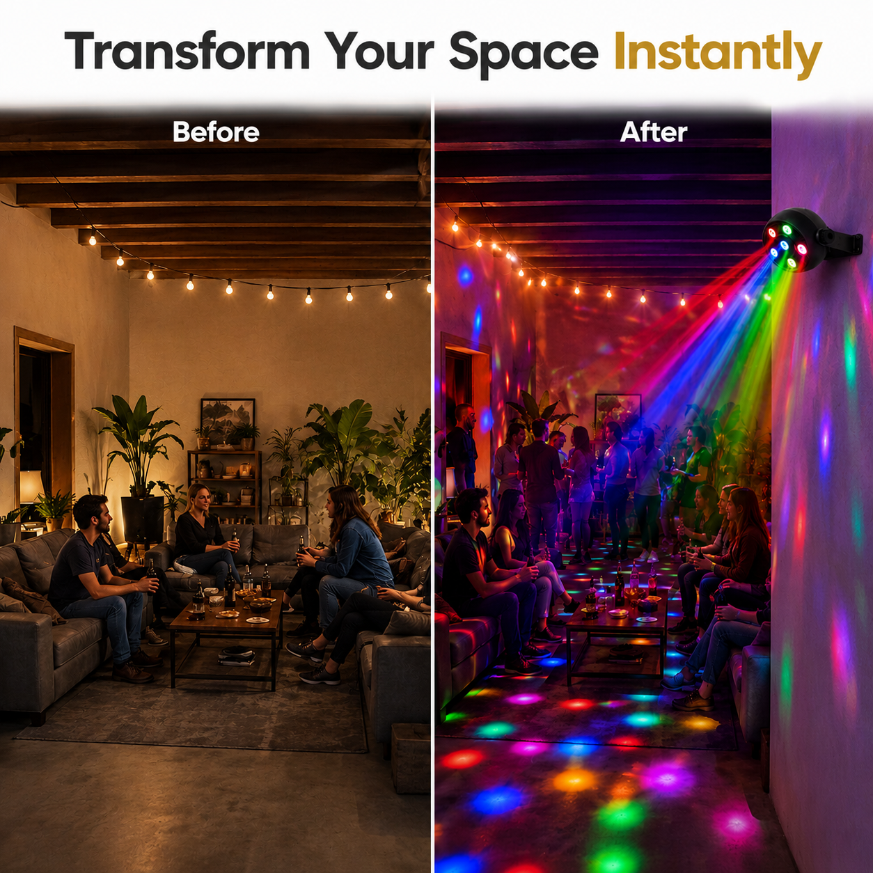 Before and after comparison of a room transformed with colorful lights.