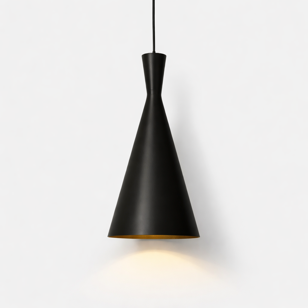 Black pendant light on a white background
