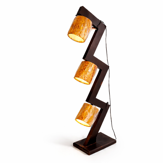 Modern zigzag floor lamp with wooden shades and metal frame