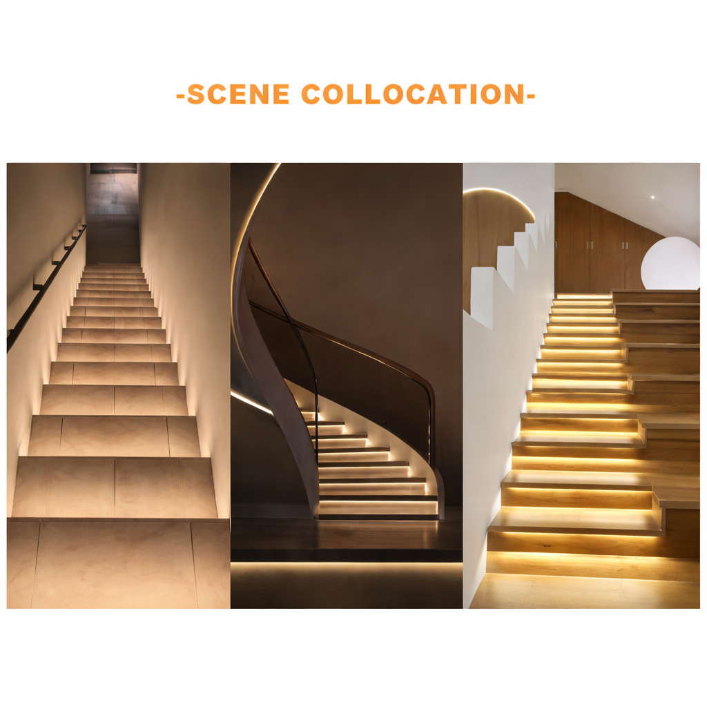Before and after staircase lighting transformation with LED strip system