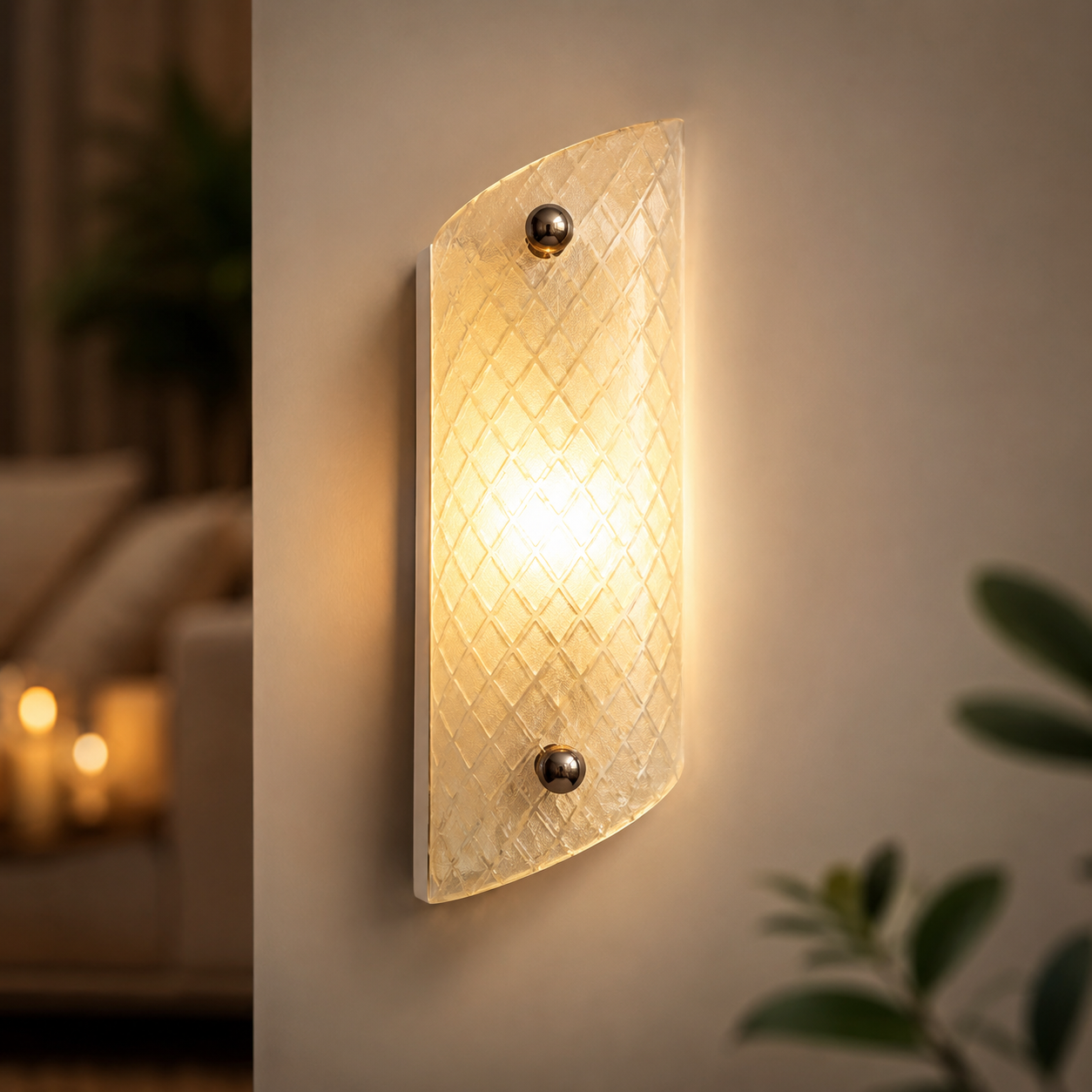 Decorative wall sconce with textured glass shade in a warm indoor setting.