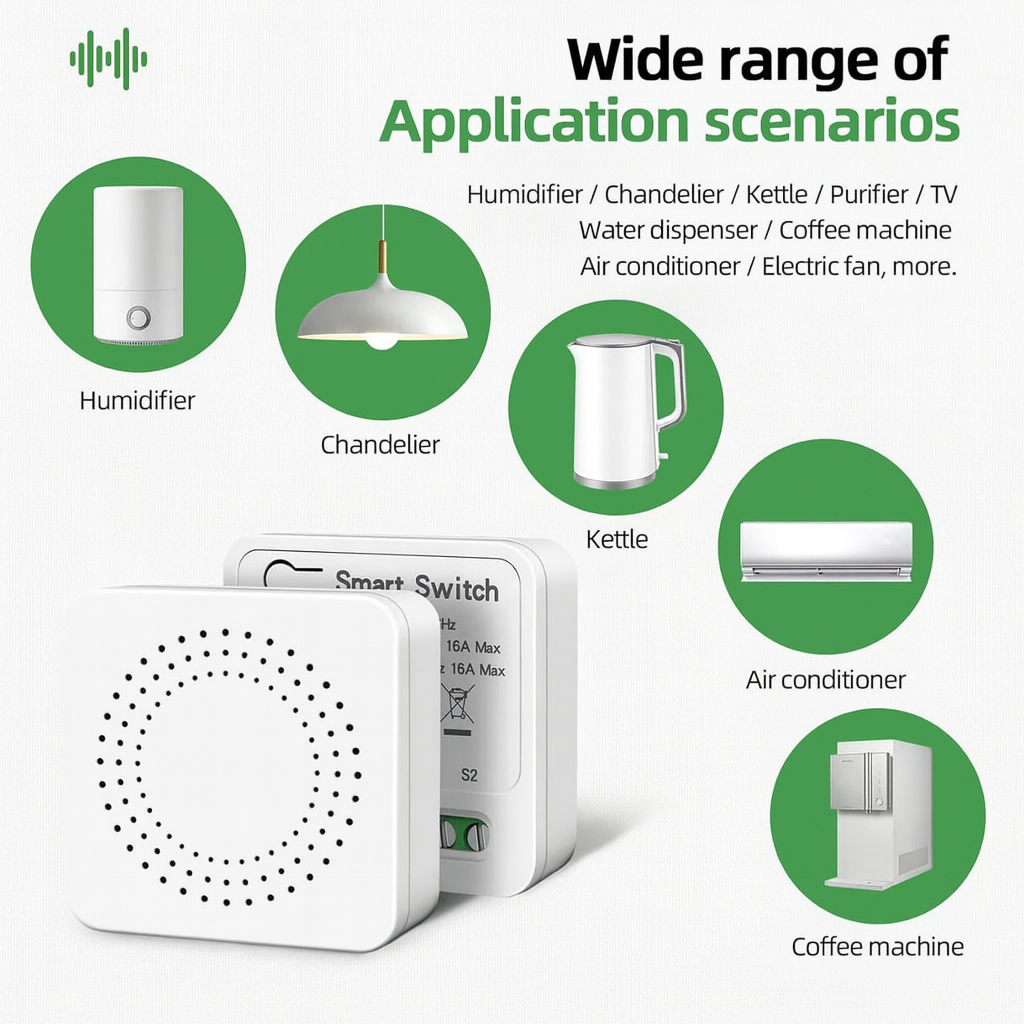 White smart WiFi switch controlling home appliances like lights and kettle
