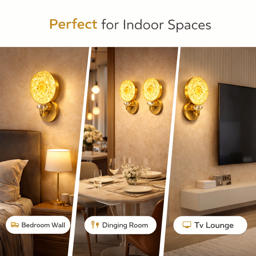 warm white LED wall sconce glowing in bedroom interior setup