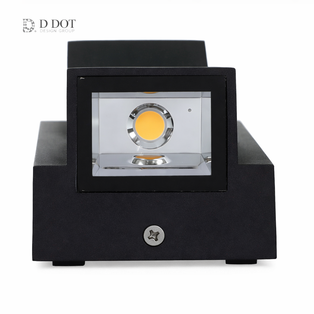 Black square light fixture with clear center on a white background, featuring the D.DOT brand.