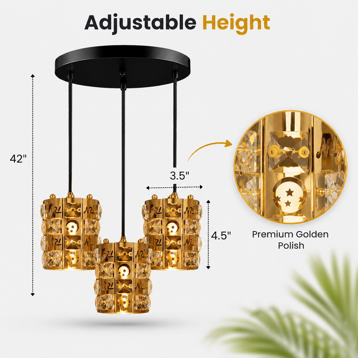 Chandelier with adjustable height features, gold finish, and close-up of light bulb.