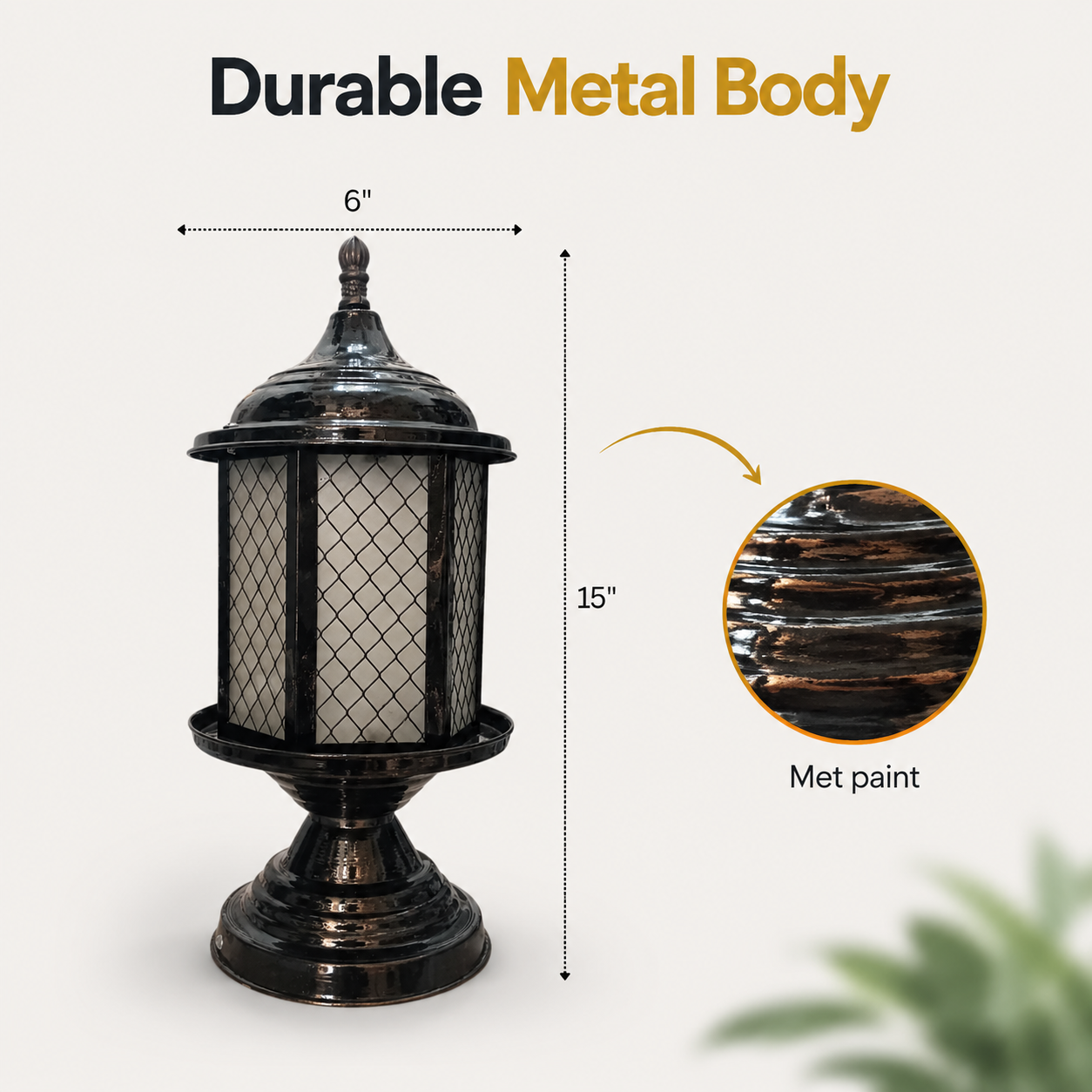Decorative outdoor light fixture with dimensions and durability text on a white background