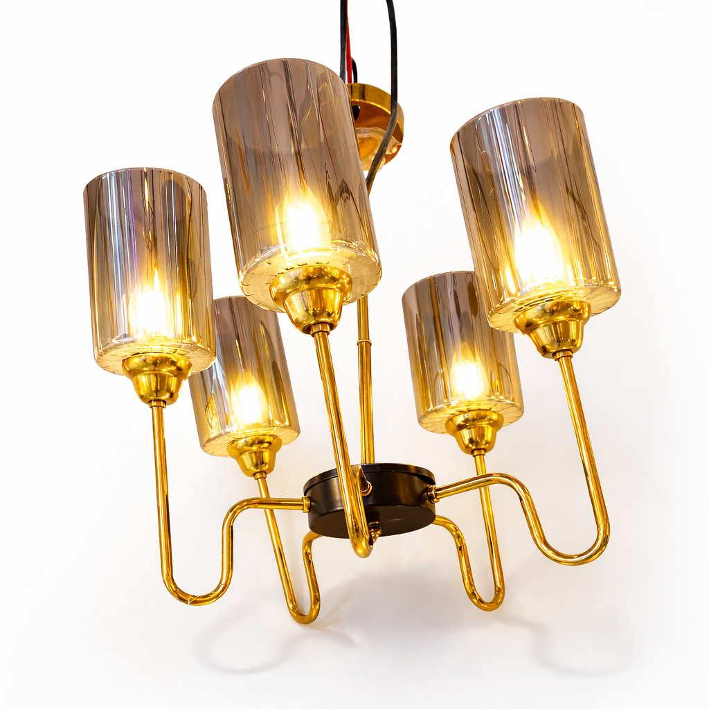 Gold LED chandelier with smoked glass shades for modern interiors