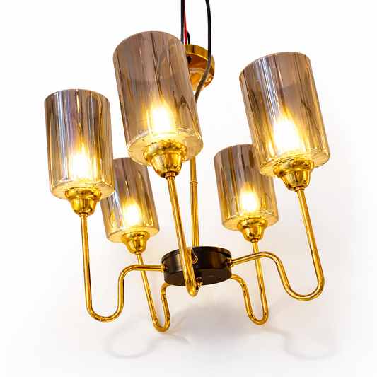 Gold LED chandelier with smoked glass shades for modern interiors