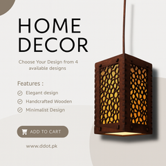 Wooden wall lamp with decorative cut-out design on a white background, featuring text about home decor and product features.