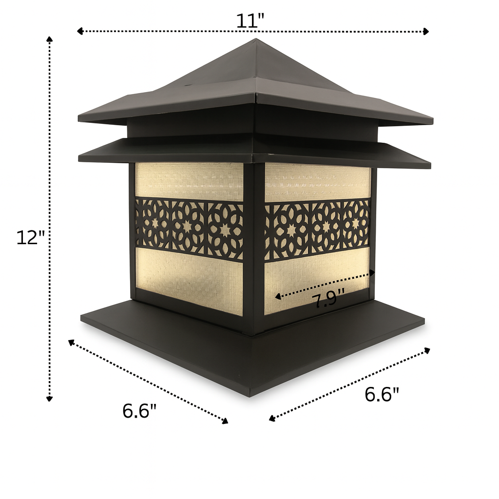 Black outdoor lantern with dimensions on a white background