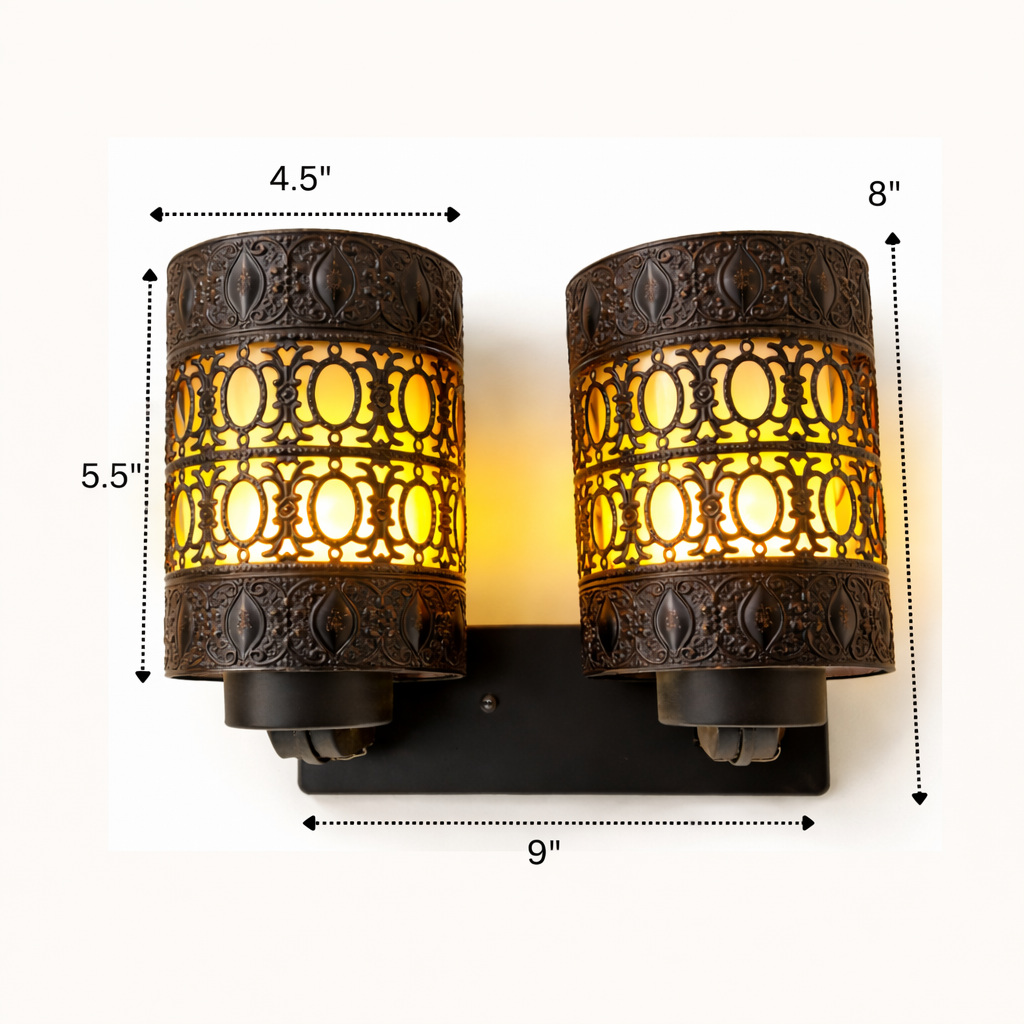 Two decorative wall sconces with dimensions labeled on a white background