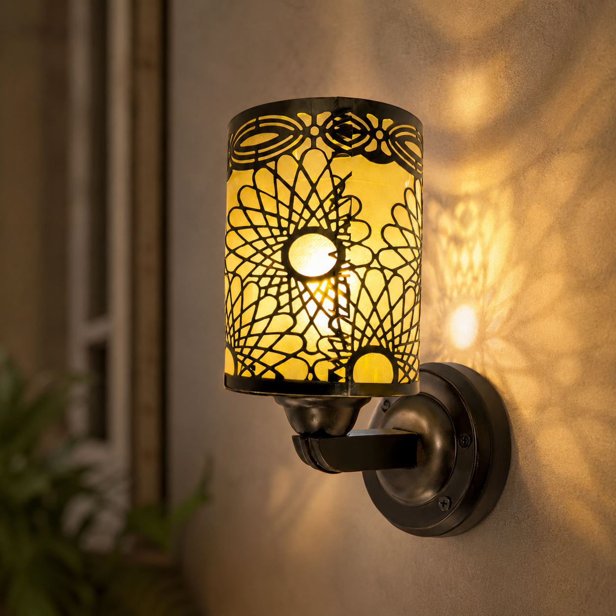 Decorative wall sconce with intricate cut-out design on a wall.