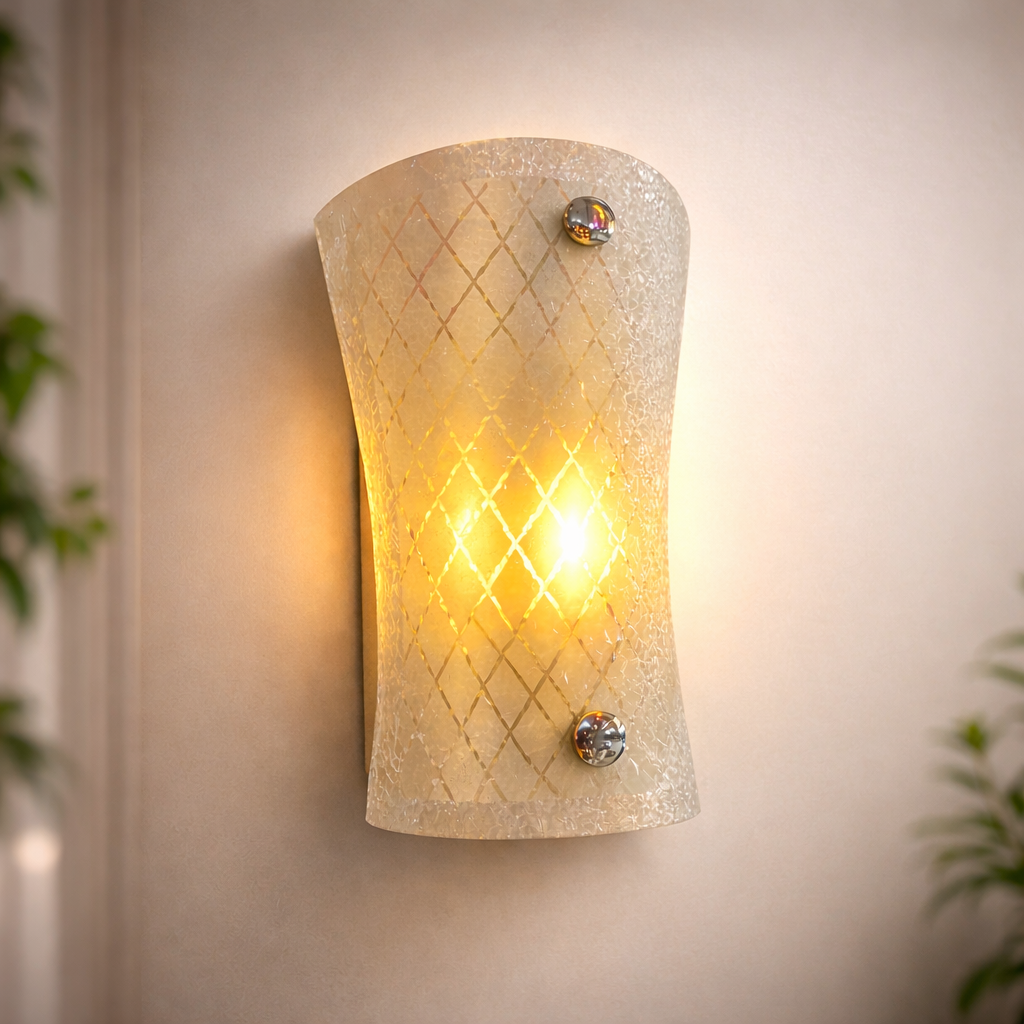 Textured wall sconce glowing warmly on a neutral indoor wall