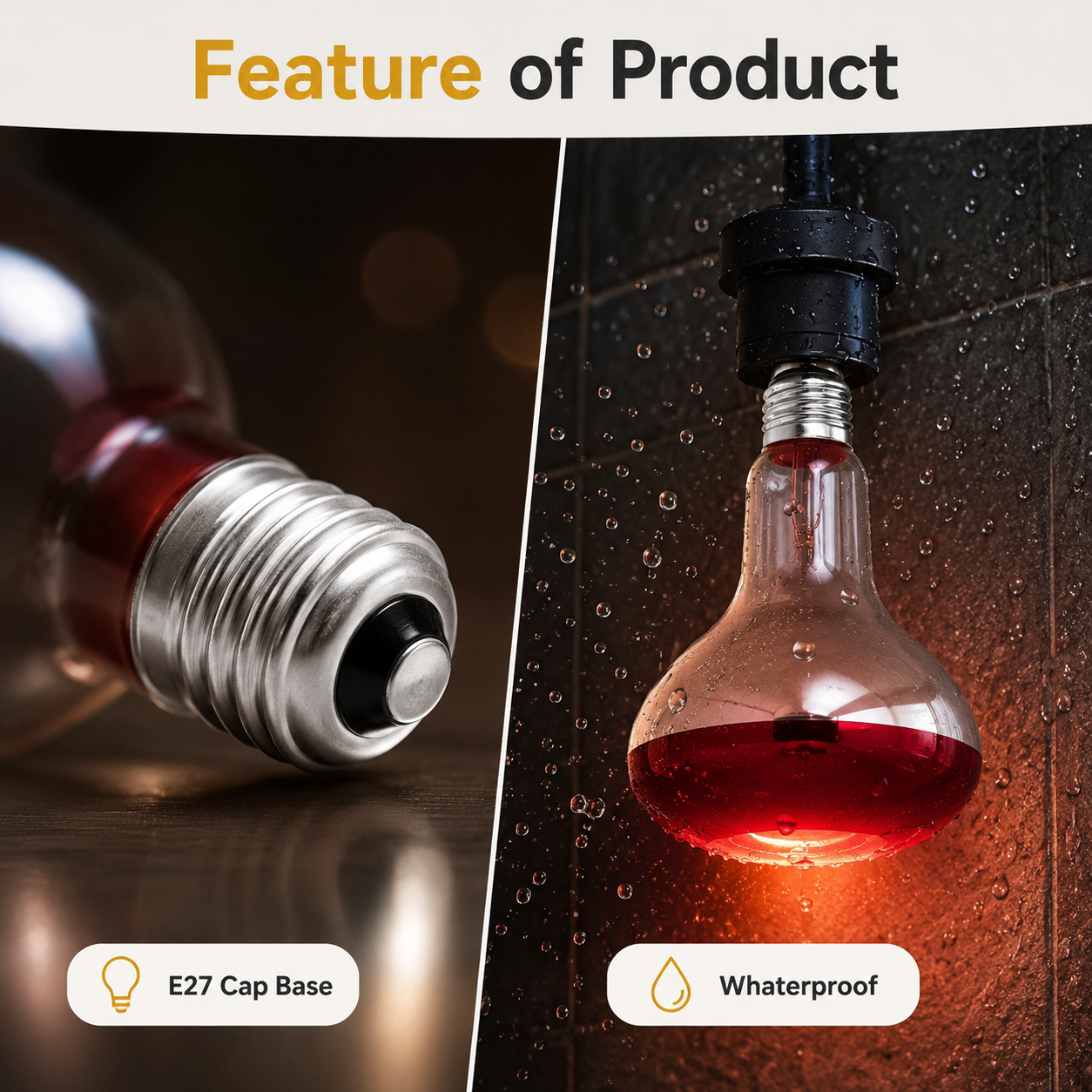 Light bulb with E27 cap base and waterproof feature on a dark background