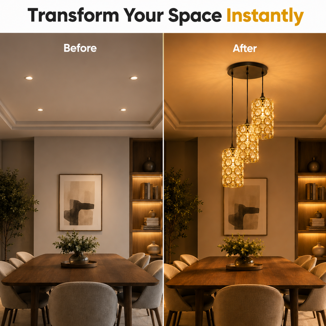 Before and after comparison of a dining room with new lighting fixtures.