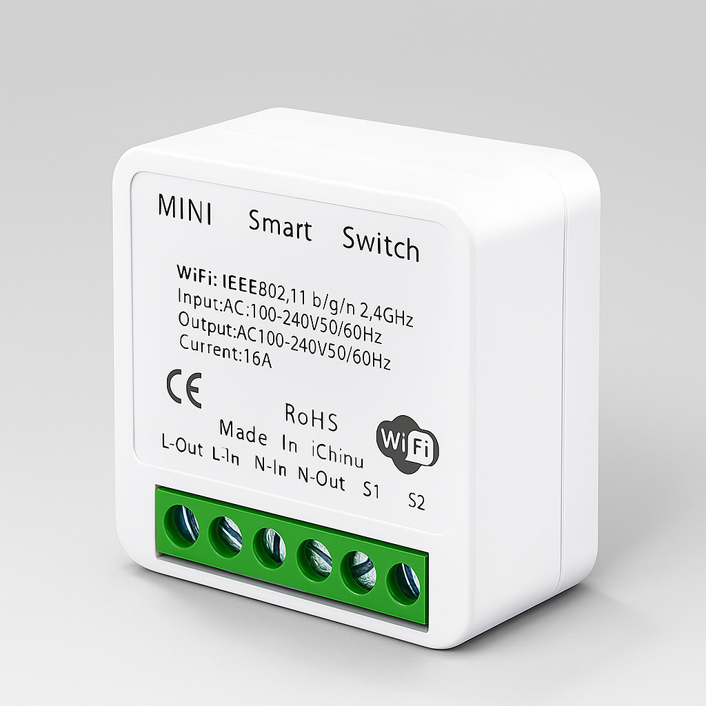 Mini smart switch with technical specifications on a gray background