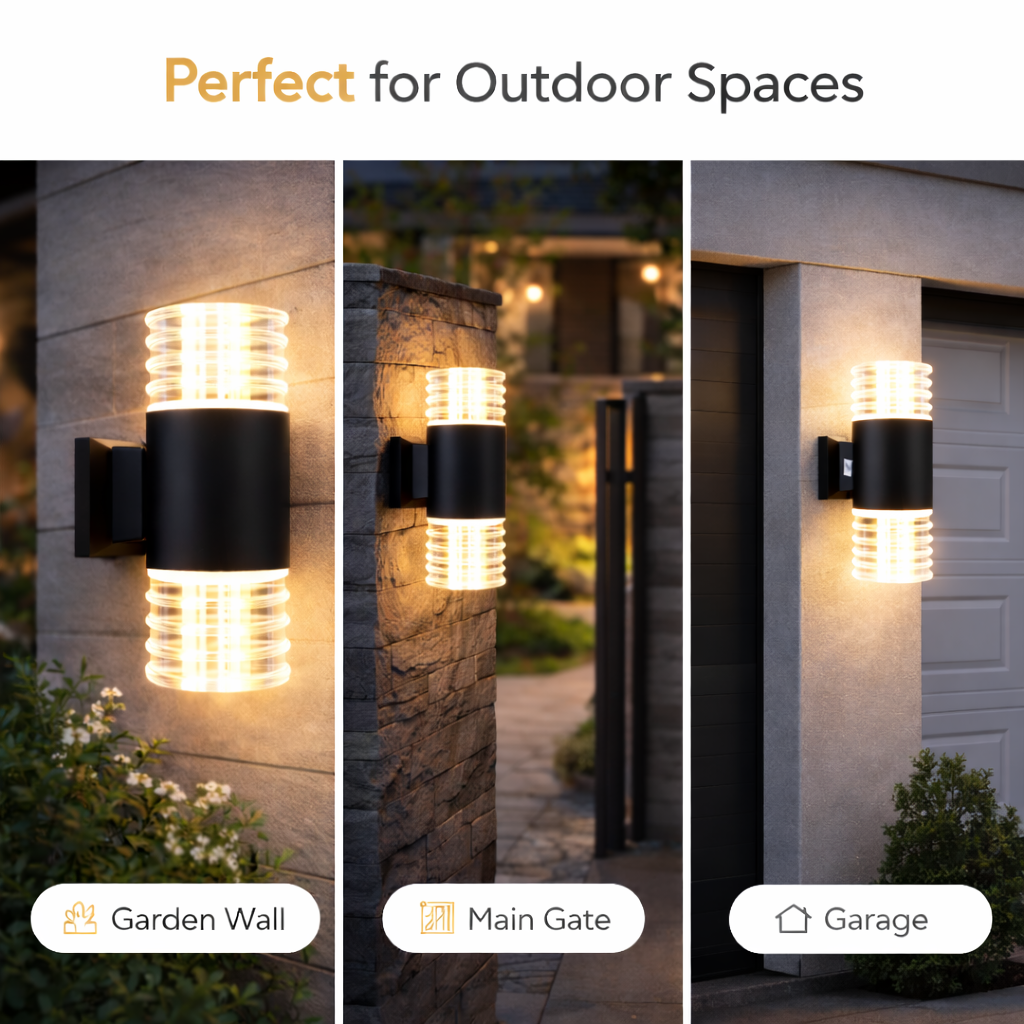 waterproof LED wall sconce glowing warmly in night setting