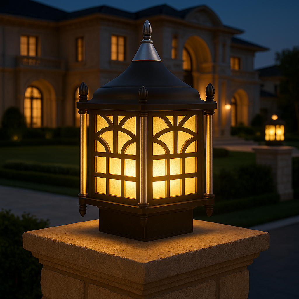 Decorative outdoor lamp with a house in the background at night