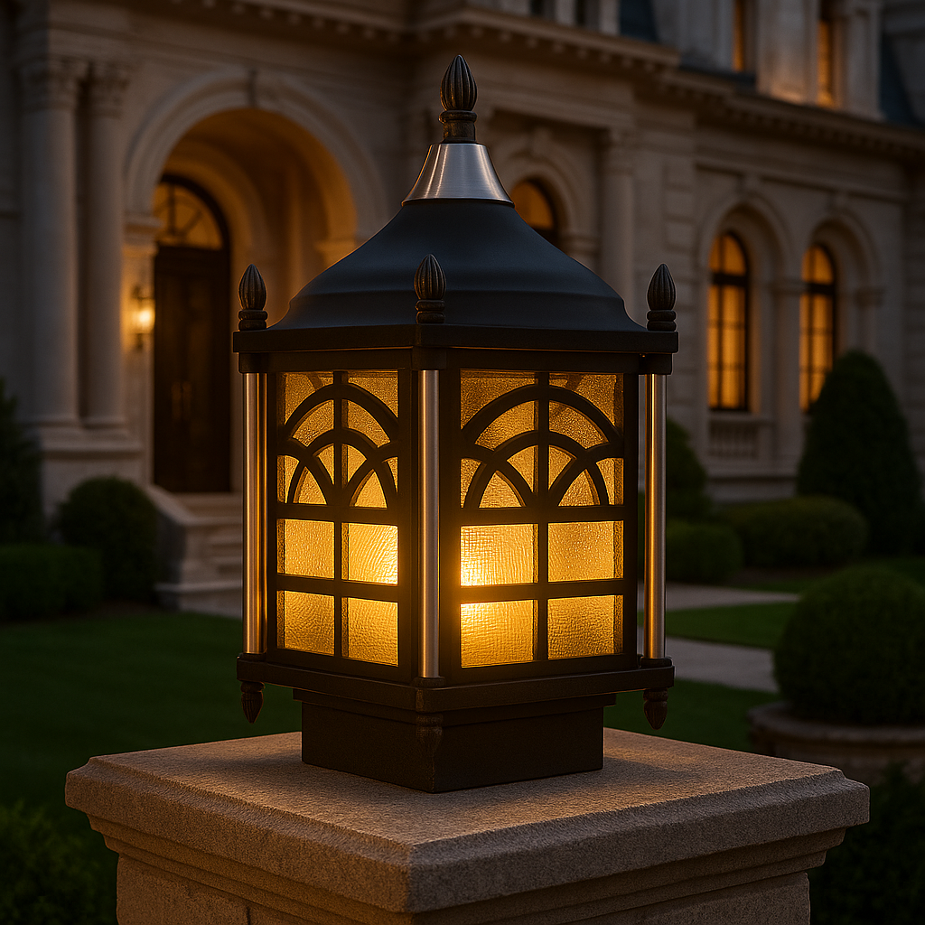 Decorative outdoor lamp with a building in the background