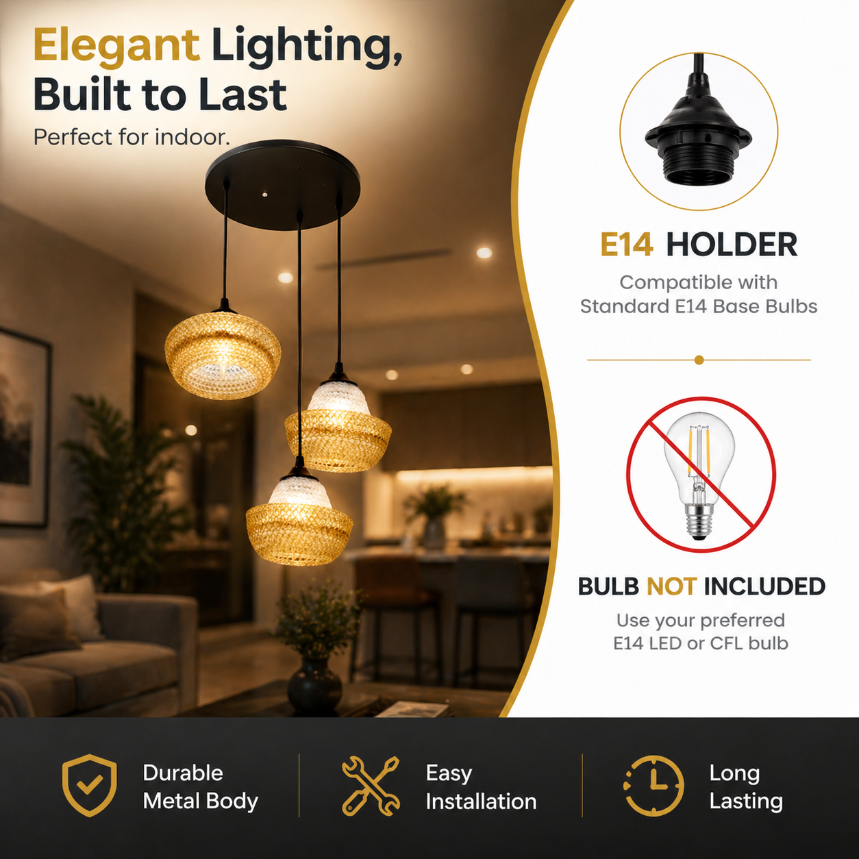 Elegant lighting fixture with text highlighting features and compatibility.