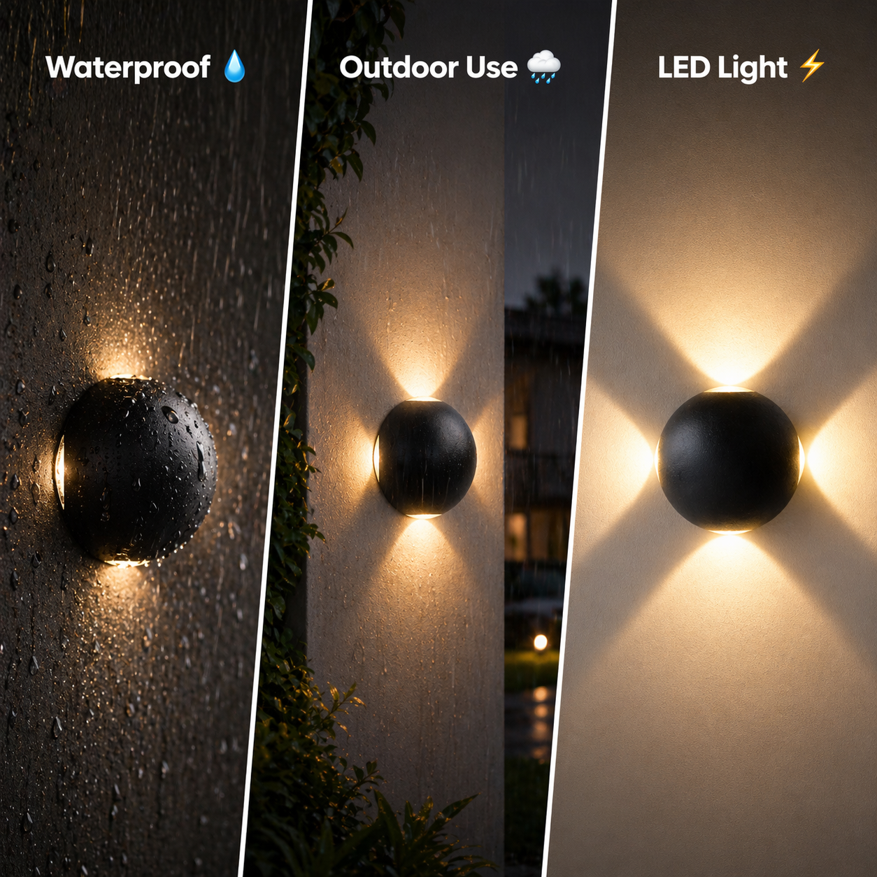 Black outdoor wall light fixture with waterproof, outdoor use, and LED light features.