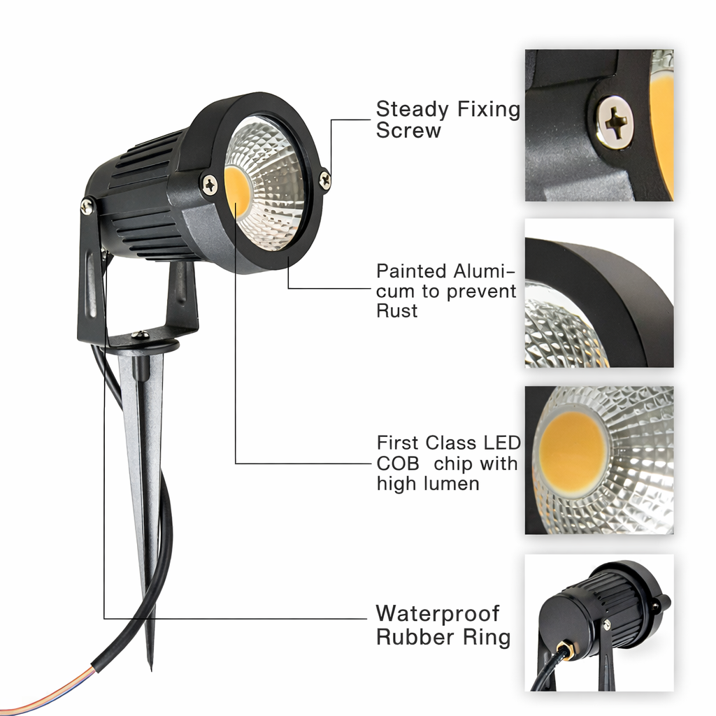 Garden light fixture with labeled features on a white background