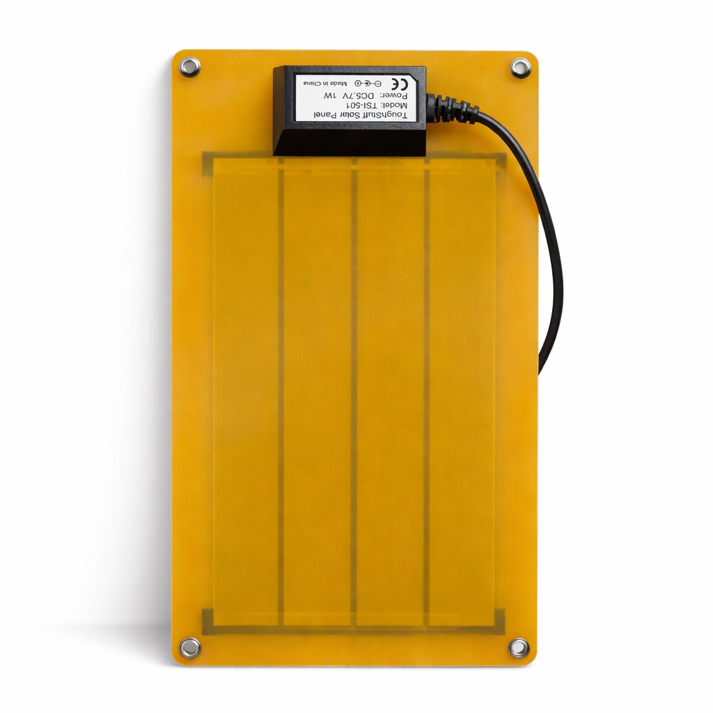 Yellow solar panel with electronic components on a white background