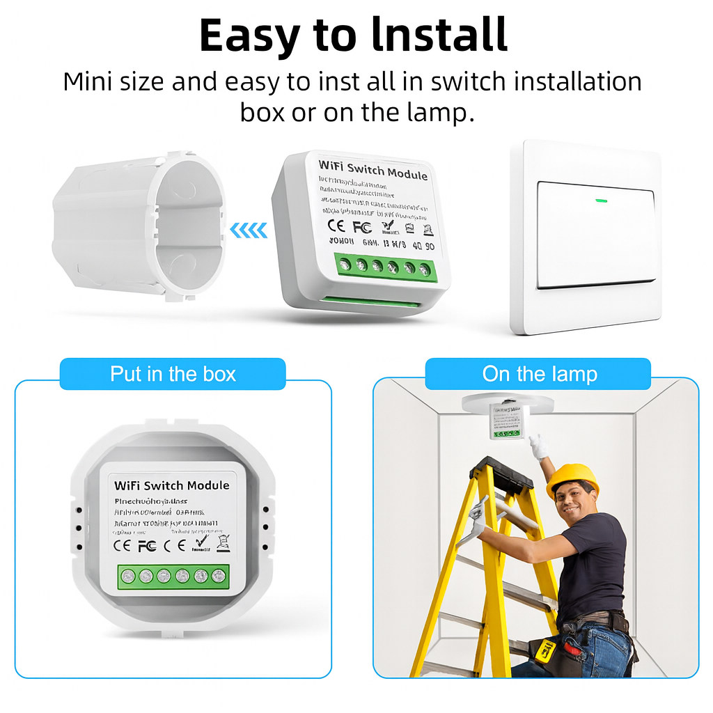 Compact WiFi smart switch for lighting and appliance control.