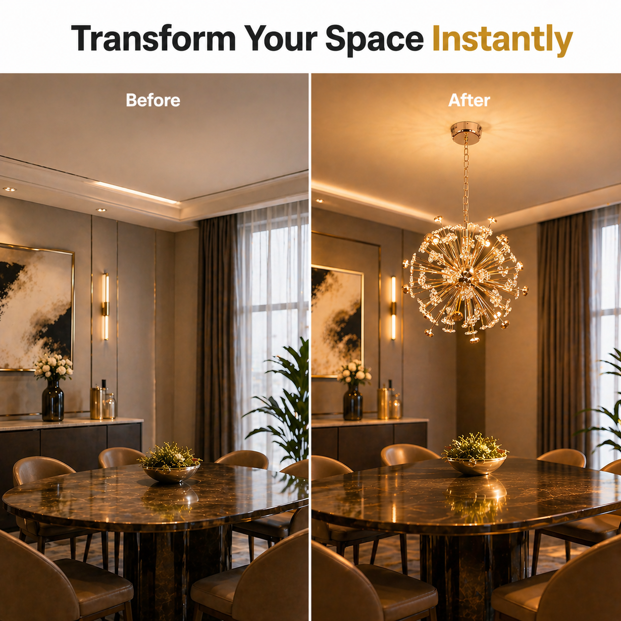Before and after comparison of a dining room with a new chandelier.