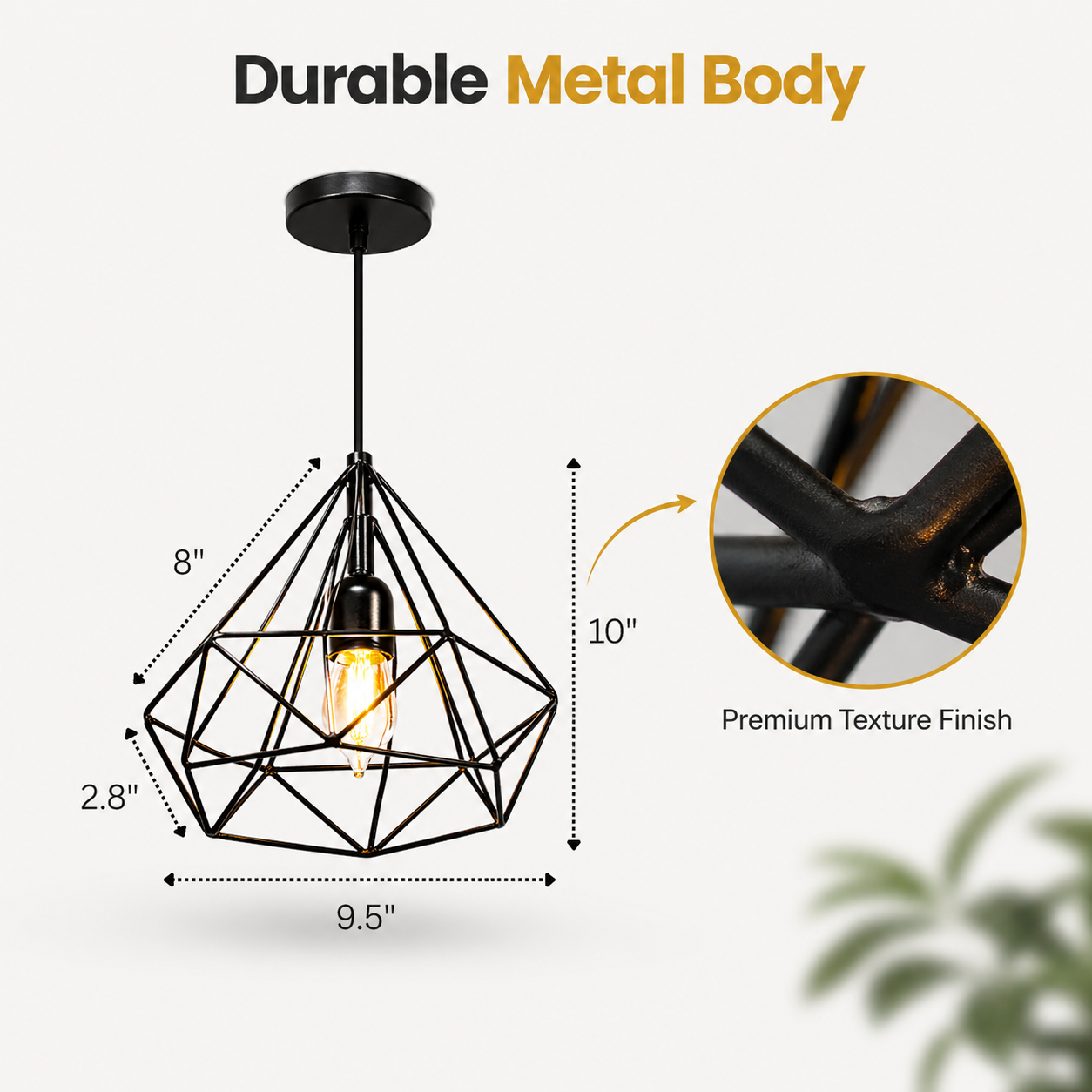 Black geometric pendant light with measurements and durability text on a white background